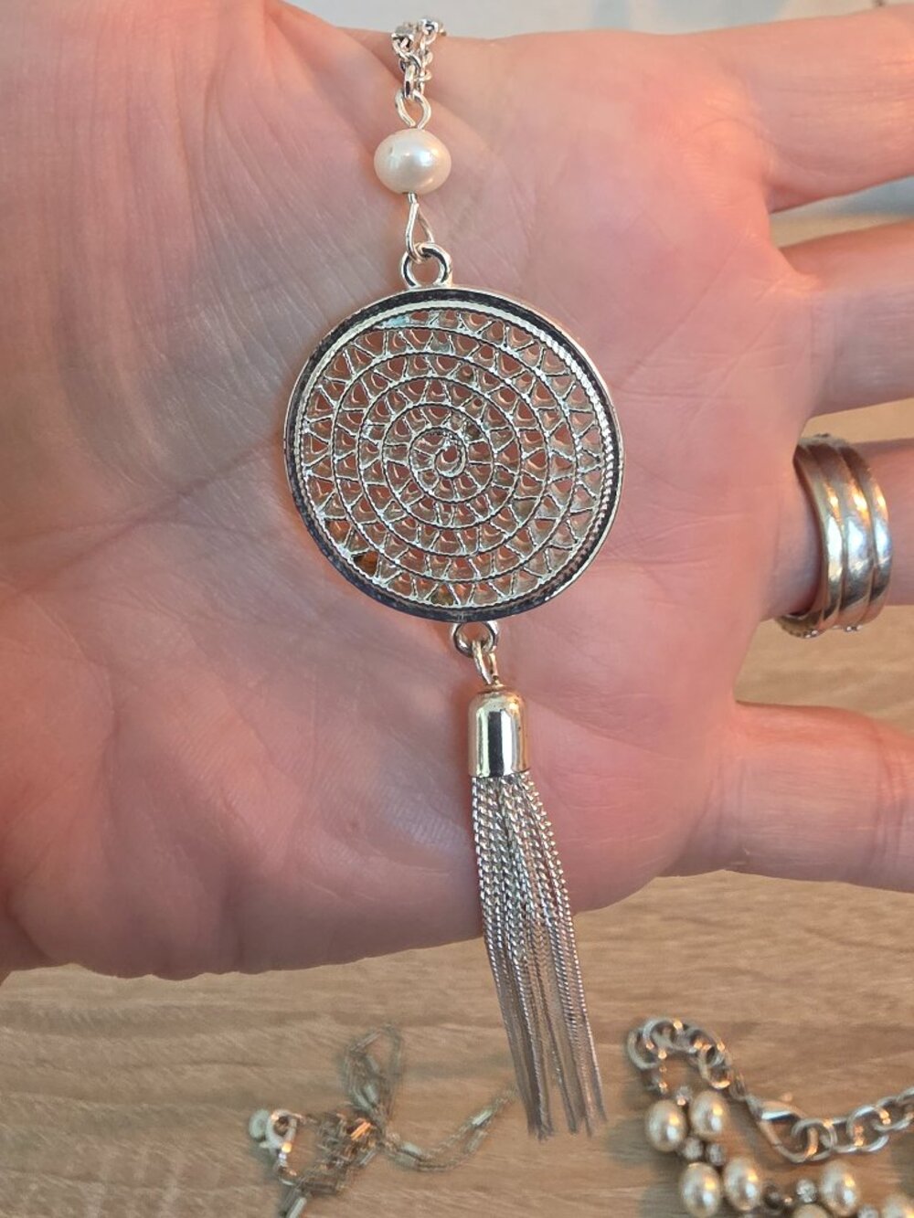 Silver and pearl dream-catcher necklace + matching bracelet + 2 sets of earrings